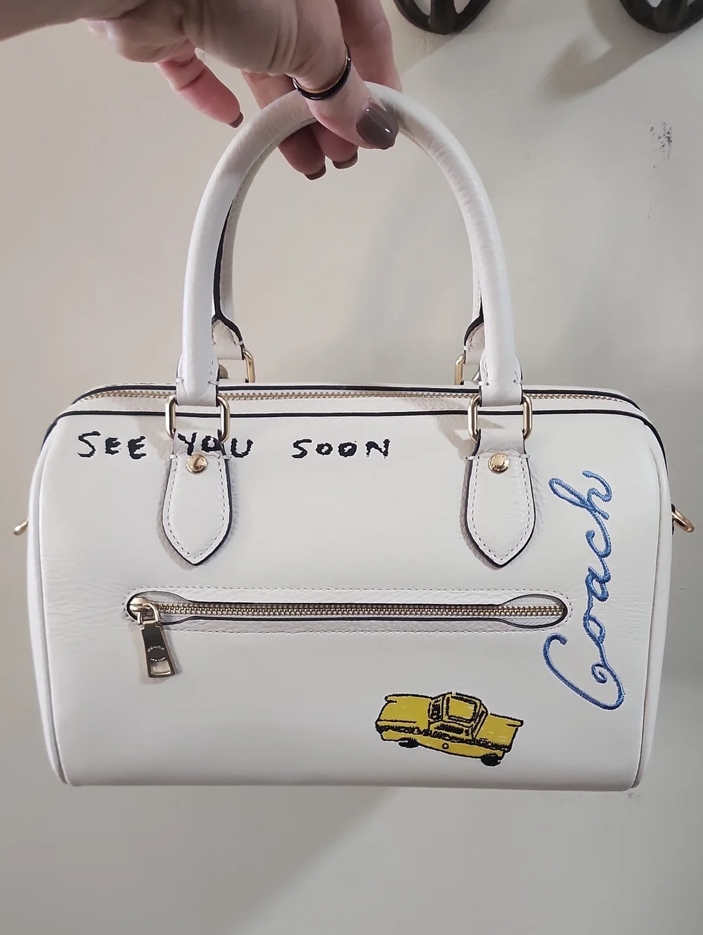COACH White Pebbled Leather Rowan Sketch NYC Print Satchel Style CAK19 NEW